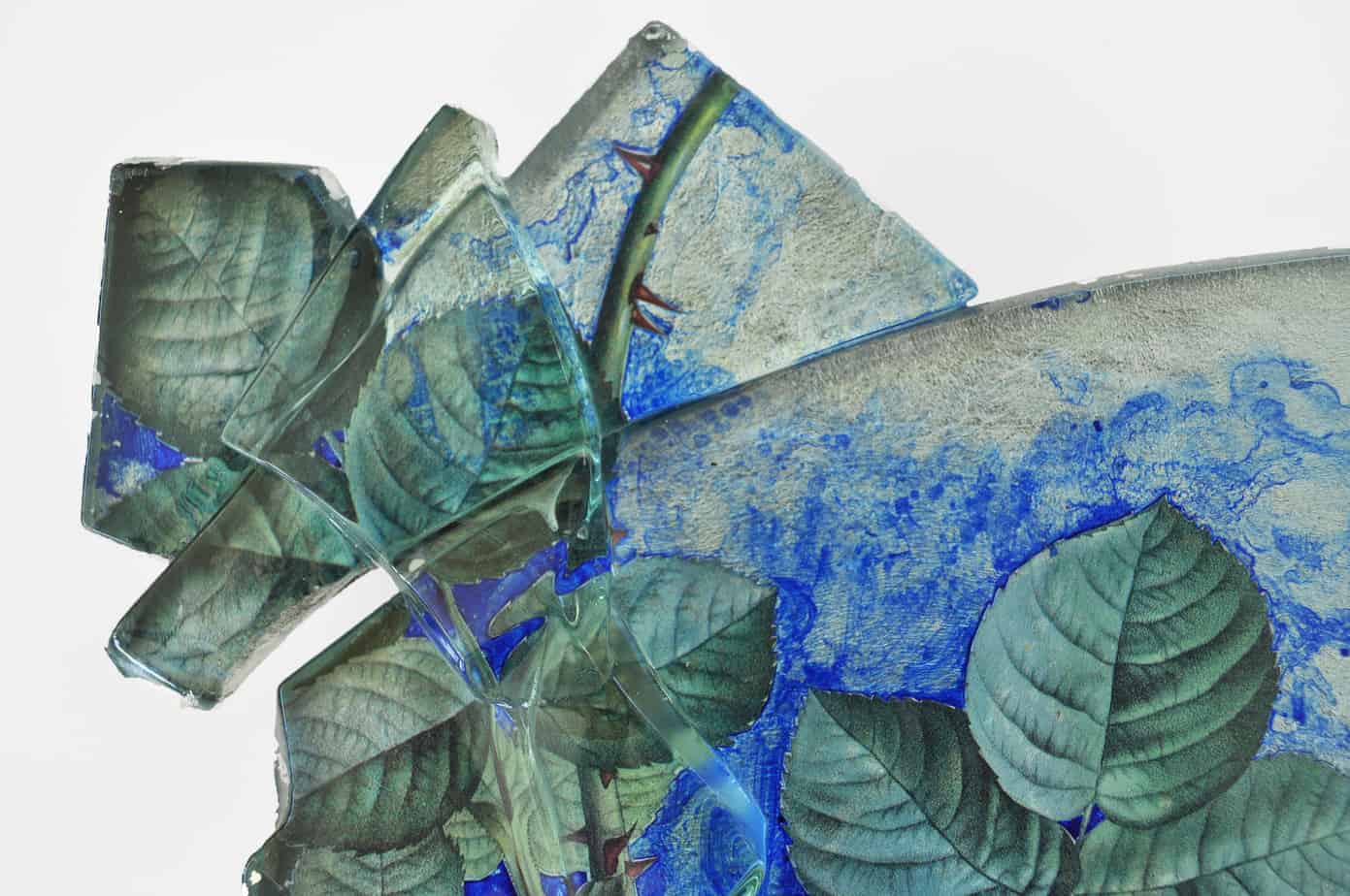 Detail shot of cast/fused float glass verre eglomise, by Mira F. Woodworth.